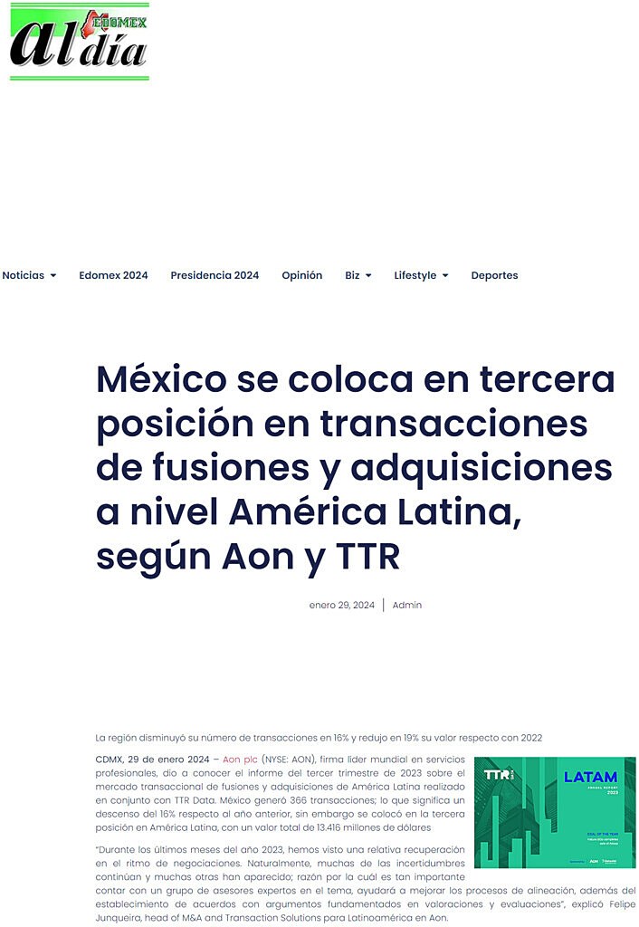 Mxico se coloca en tercera posicin en transacciones de fusiones y adquisiciones a nivel Amrica Latina, segn Aon y TTR